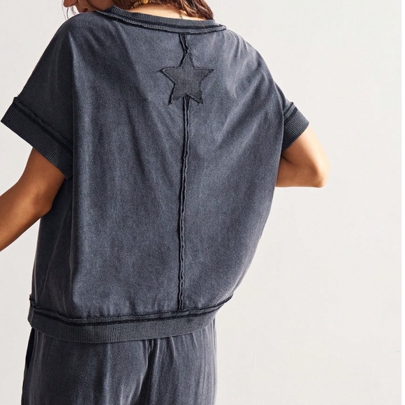 Mineral Wash Star Patch Short Sleeve Loose fit Top Wide Leg Pants set - Picture 6 of 7